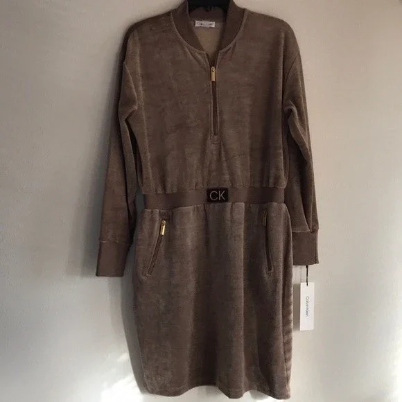 Calvin Klein Velour / Suede Sweatshirt Dress Brown / Cocoa Size M